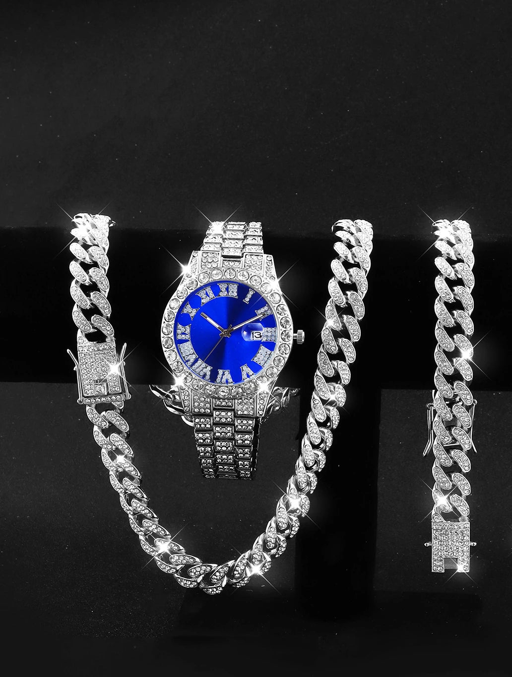 MONTRE DE LUXE EN ALLIAGE DE DIAMANT AVEC ACCESSOIRES ARGENT/BLEU - THT