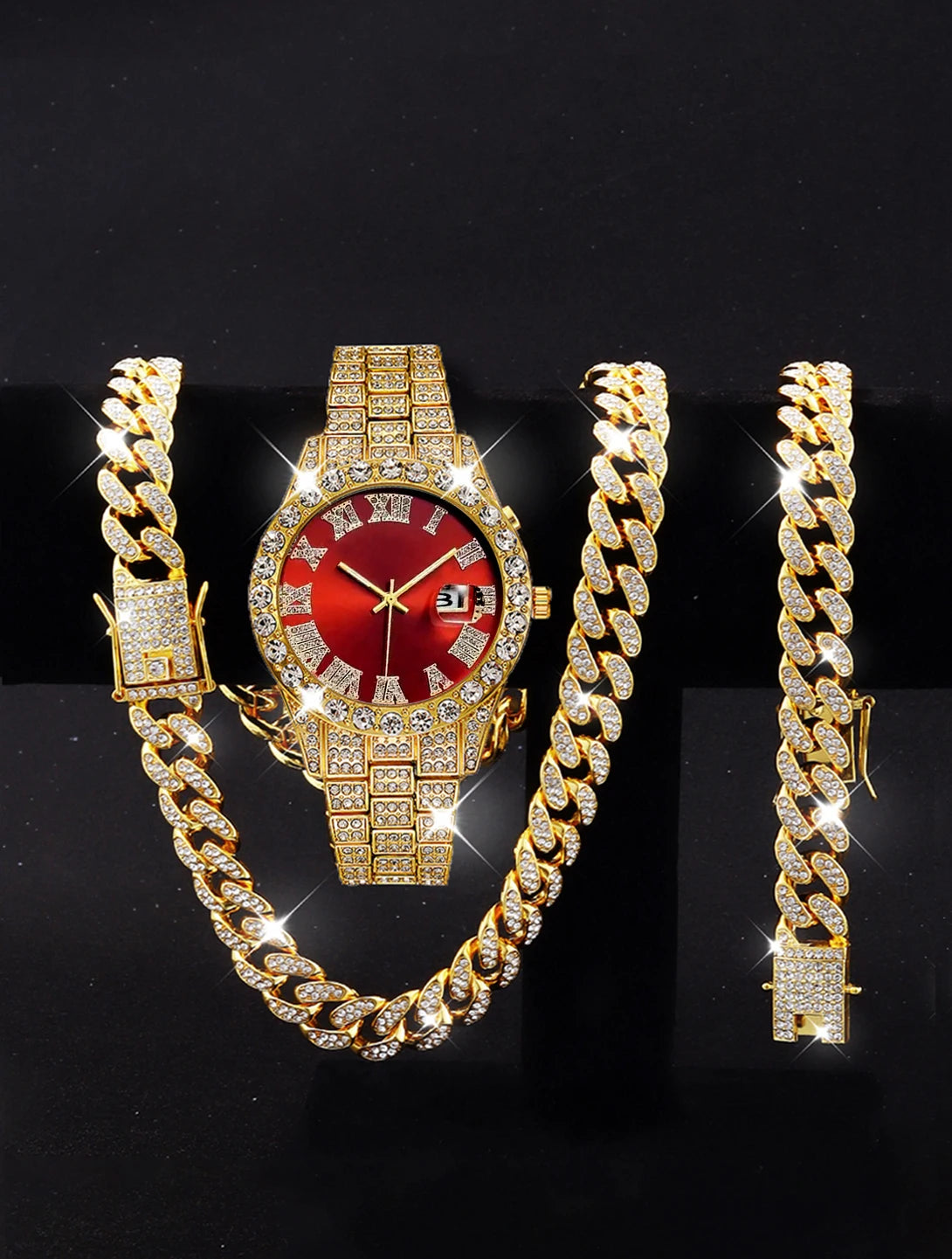 MONTRE DE LUXE EN ALLIAGE DE DIAMANT AVEC ACCESSOIRES OR/ROUGE - THT