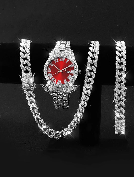 MONTRE DE LUXE EN ALLIAGE DE DIAMANT AVEC ACCESSOIRES ARGENT/ROUGE - THT