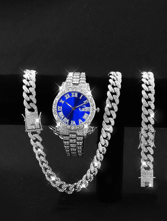 MONTRE DE LUXE EN ALLIAGE DE DIAMANT AVEC ACCESSOIRES ARGENT/BLEU - THT