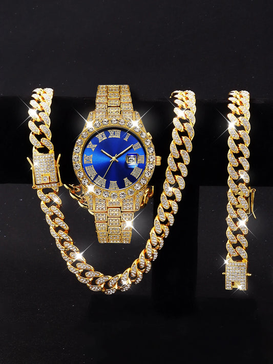 MONTRE DE LUXE EN ALLIAGE DE DIAMANT AVEC ACCESSOIRES OR/BLEU - THT